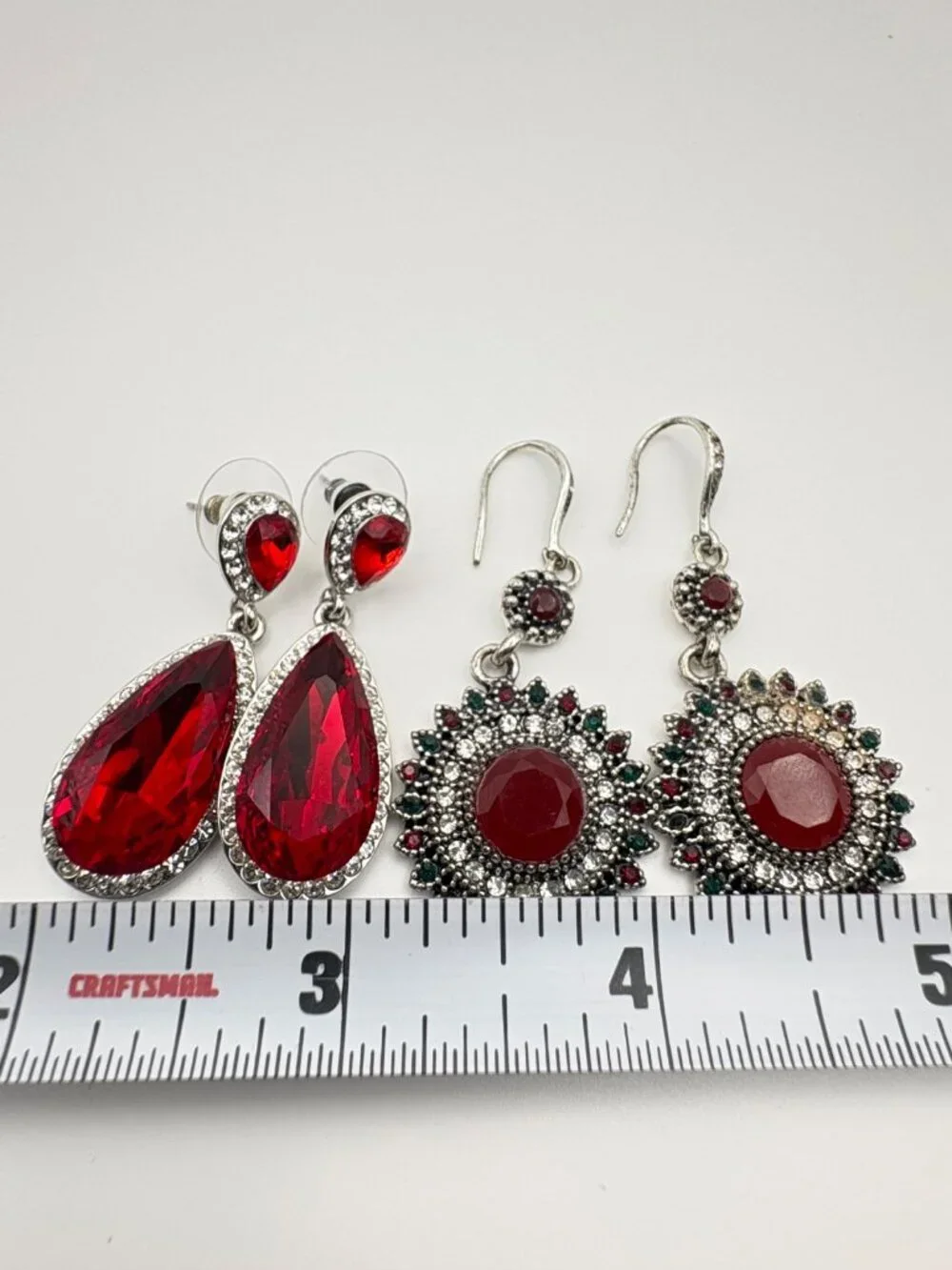 Lot of 2 Red Rhinestone Dangle Earrings Teardrop & Antique Style Mandala Drops